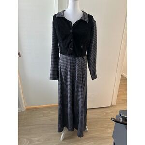 CDC Caren Desiree‎ Vintage Black Corduroy Plaid Maxi Dress 12 Cottage Modest